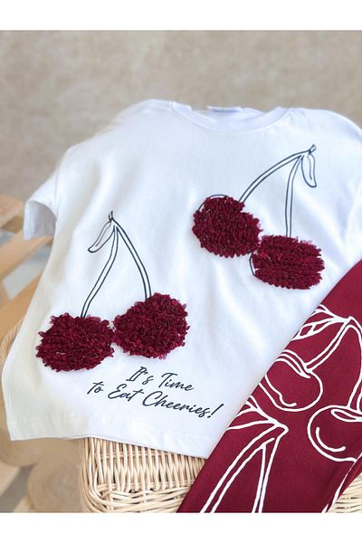 Magu Girl's Cotton White Cherry Themed T-Shirt and Claret Red Leggings Set - Pompom Appliqued