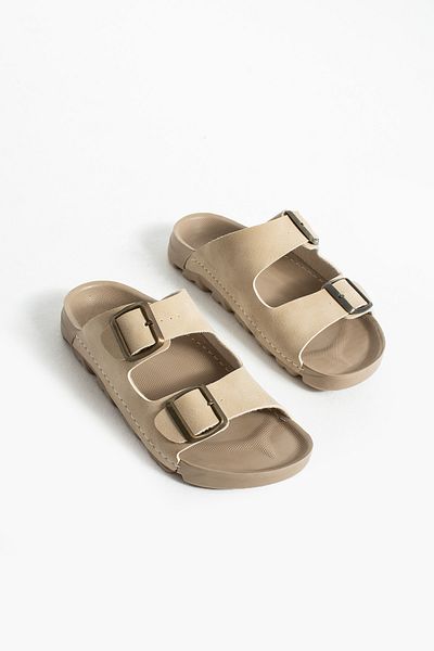 Moda Devrin Beige Summer Unisex Double Buckle Soft and Lightweight Slippers