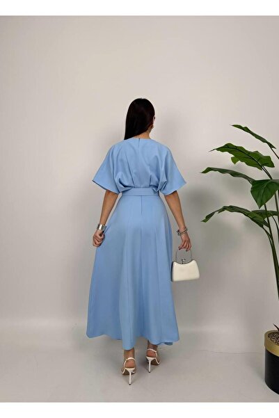 Glysso Kemerli Yarasa Kol Bebe Mavisi Midi Mezuniyet Davet Elbisesi