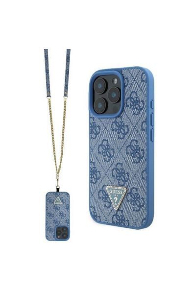 Guess Husa iPhone 16 Pro Max Leather Metal Logo Strass Crossbody, Albastru