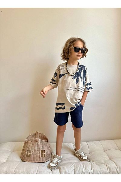 Jolly Kids Boy's Palm Printed Muslin Shorts Suit
