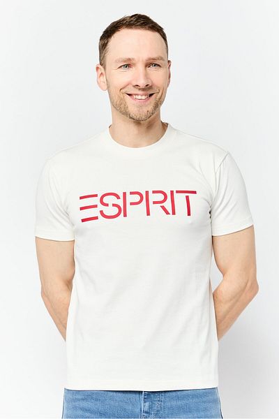 Esprit تي شيرت رجالي برقبة دائرية وأكمام قصيرة وشعار العلامة التجارية، أبيض فاتح