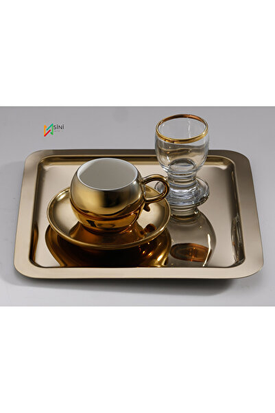 SİNİ Paslanmaz Çelik 6 Adet Kare Düz Gold Sunum Servis Tepsisi