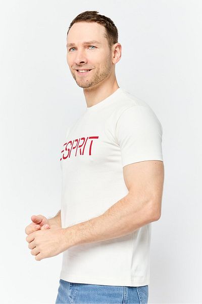 Esprit تي شيرت رجالي برقبة دائرية وأكمام قصيرة وشعار العلامة التجارية، أبيض فاتح
