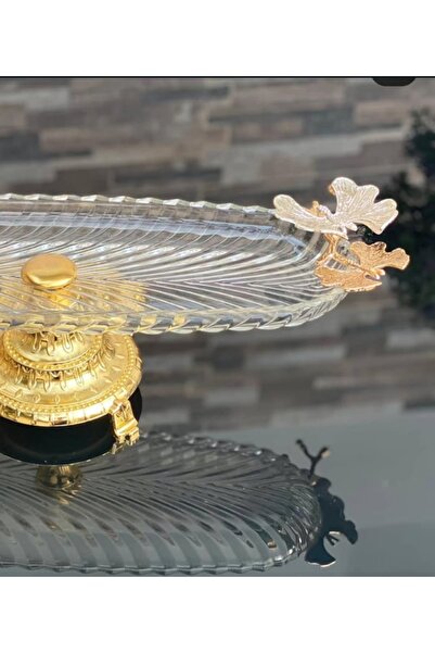 P H Panayır Home Glass Gold Metal Pedestal Boat Presentation Rack, Sugar Bowl, Tray, Glass Bowl