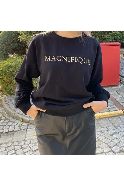 KYLEEN Siyah Renk Altın Rengi Nakışlı Oversize Sweatshirt