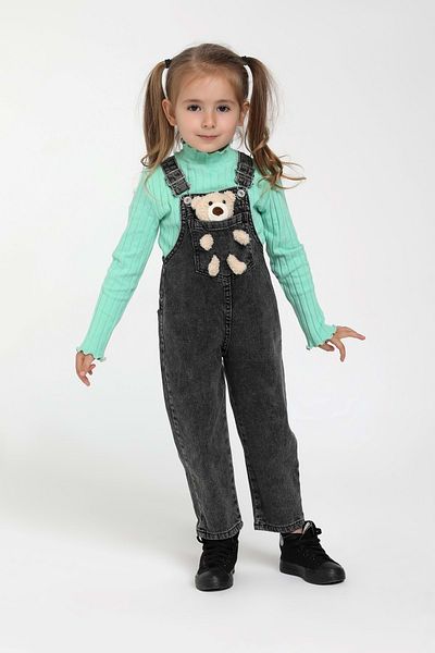 wakawakakidsstore Baby Girl Denim Overalls with Chest Pocket and Teddy Bear Adjustable Strap - 18-24 Months