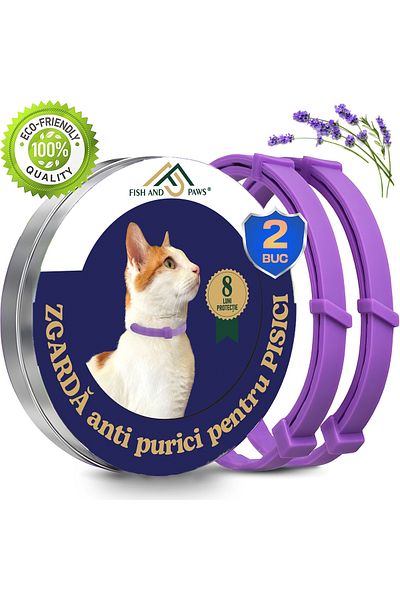 Fish & Paws Zgardă antiparazitară pisici Fish & Paws®, lavandă, 8 luni, 2 buc., rezistentă la apă, 38cm, Mov
