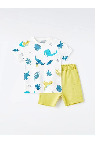 LC Waikiki Lcw Kids Ecru Crew Neck Short Sleeve Printed Baby Boy T-Shirt and Shorts Set of 2