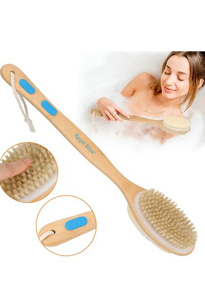 Regal Bliss Perie baie Regal Bliss®, 2 fețe, păr natural, mâner lemn, exfoliere & masaj uscat/duș, 41 cm
