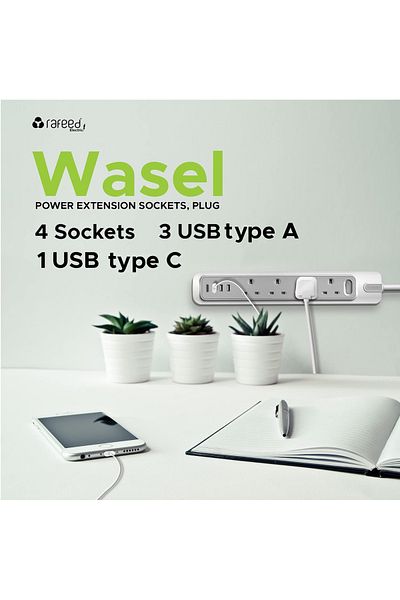 RAFEED 2m 4 sockets Extension Cable, With Surge Protection, 3250W, 13A, 3 USB Ports