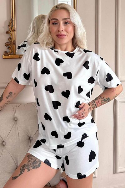 Pijamaevi Ivory Passion Heart μοτίβο κοντομάνικο πλεκτό σετ γυναικεία πιτζάμα με σορτς