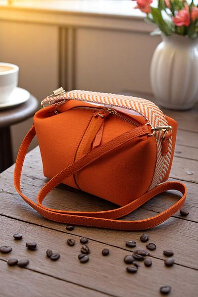 HFKY Women's Orange Linen Tote Bag. Handbag. Shoulder Bag. Bag Ry446