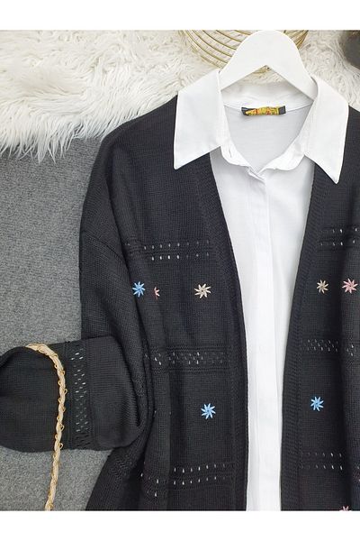 Modamorfo Embroidery Patterned Loose Knitwear Cardigan -Black