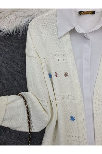 Modamorfo Embroidery Patterned Loose Knitwear Cardigan -White