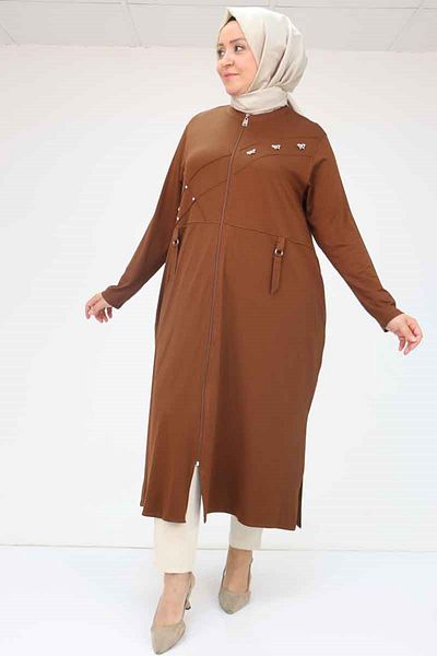 Eslina 53012 Large Size Beyoğlu Stone Detailed Zippered Combed Cotton Jacket - Brown