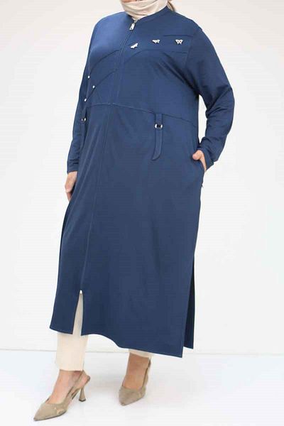 Eslina 53012 Large Size Beyoğlu Stone Detailed Zippered Combed Cotton Jacket - Navy Blue