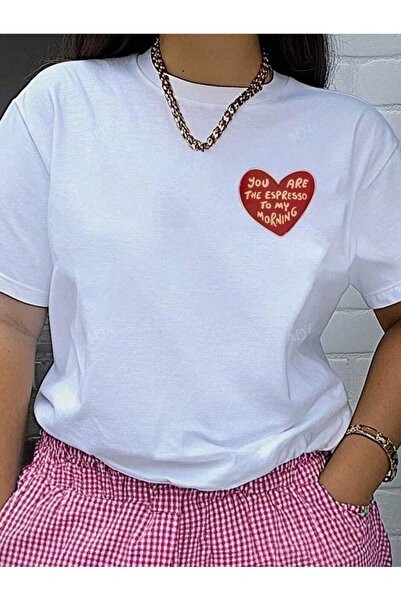 PALPİTO Ženska bela espresso srca Štampano Oversize kroj T-shirt