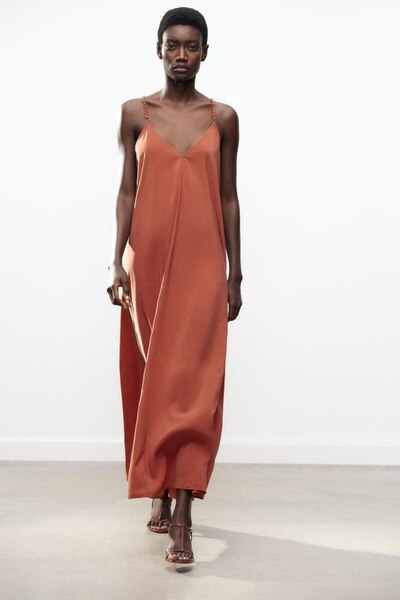 KUPAKIZI Kadın Somon Rengi Askılı Uzun Elbise