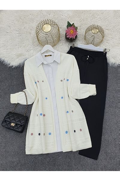 Modamorfo Embroidery Patterned Loose Knitwear Cardigan -White