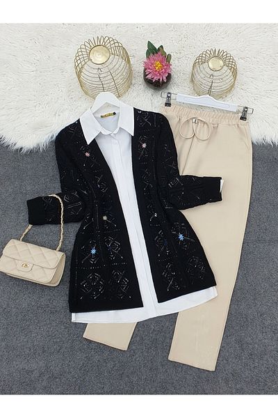 Modamorfo Embroidered Square Patterned Openwork Knitwear Cardigan -Black