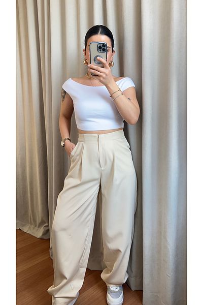 Butik Beige Oversized High Waist Fabric Pants