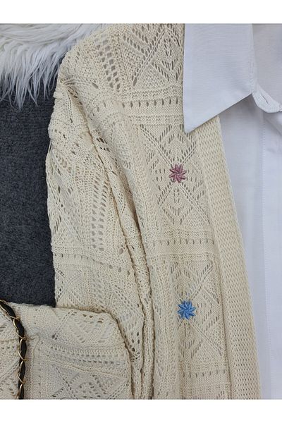 Modamorfo Embroidered square patterned Lace-Like Knit knit cardigan - cream