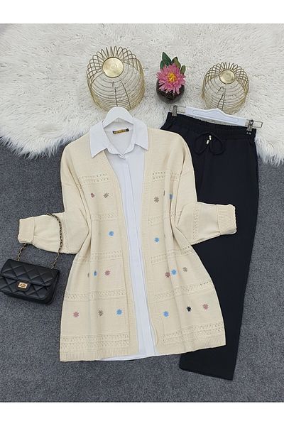 Modamorfo Embroidered patterned loose knit cardigan - cream