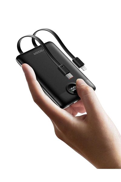 Veger 10000mAh Power Bank with 2 Built-in Cables and LED Display Compatible with All Devices in Black