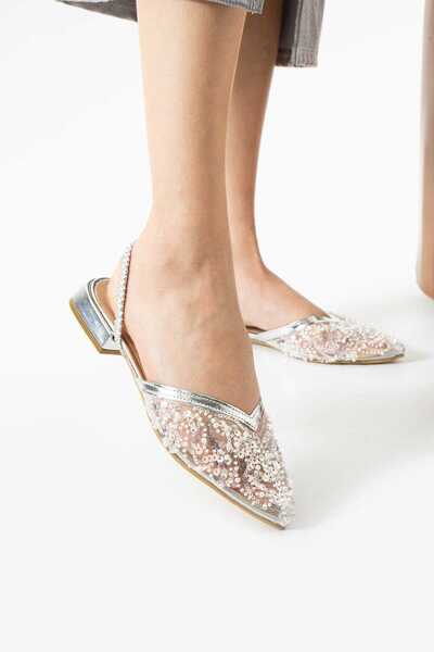 CICIKIZ Mesh Lace Embroidered Low Heel Jurdan Bottom Back Elastic Detail Pointed Toe Women's Shoes