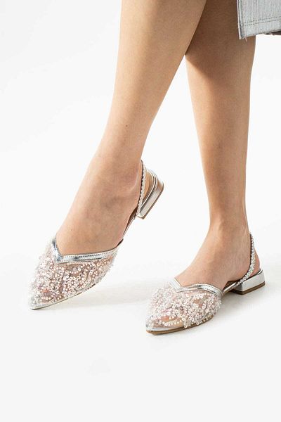CICIKIZ Lace Embroidered Sequin Low Heel Jurdan Bottom Back Rubber Detail Pointed Toe Shoes
