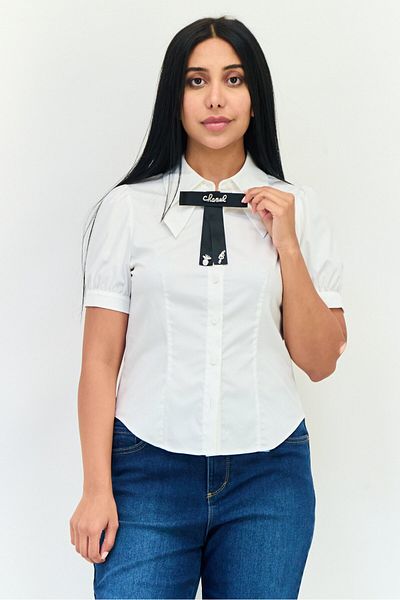 Steve Madden Women Pointed Collar Short Sleeve Solid Shirt, White
