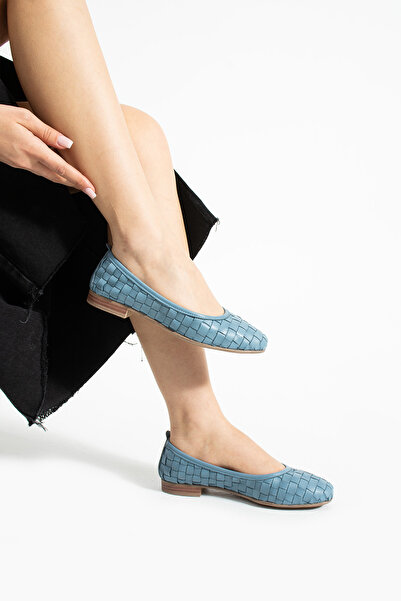 Getcho Talia Жіночі шкіряні сині балетки з плетеним візерунком, рівною підошвою, зручні, літні, стильні, легкі