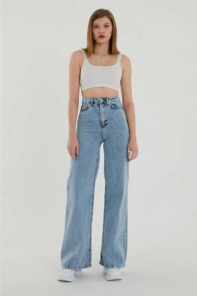 TRENDNATUREL Emma Light Blue Snow Loose Extra High Waist Lycra Palazzo Loose Jean Trousers