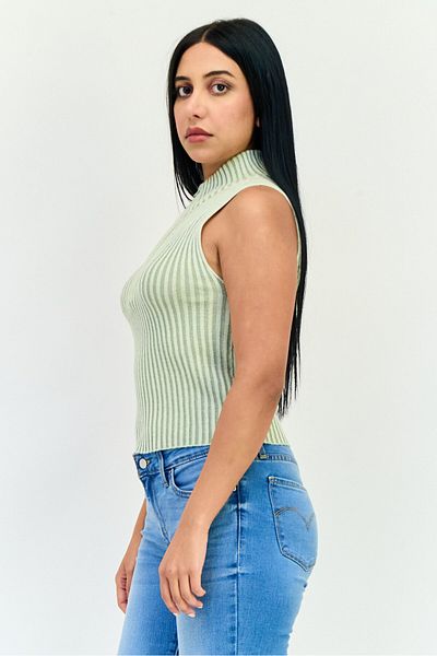No Comment Women Mock Neck Sleeveless Ribbed Tank Top, Mint Green