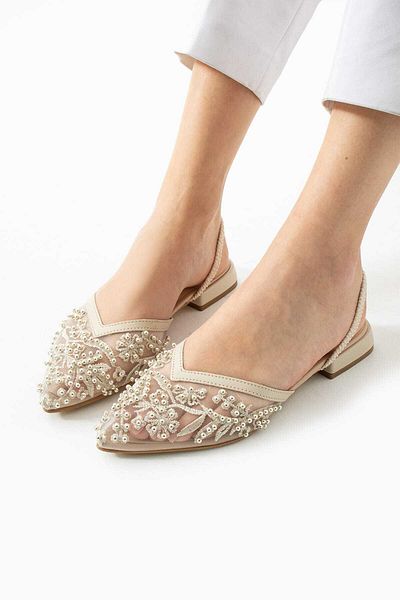 CICIKIZ Mesh Lace Embroidered Low Heel Jurdan Bottom Back Elastic Detail Pointed Toe Women's Shoes