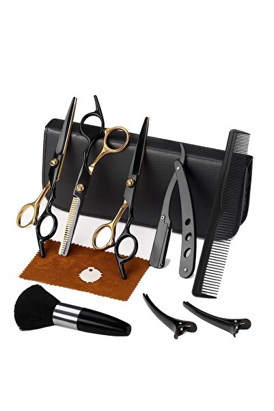 Regal Bliss hairdressing scissors set, 11 pieces, Japanese steel, leather sheath, 14 cm, Black-Gold