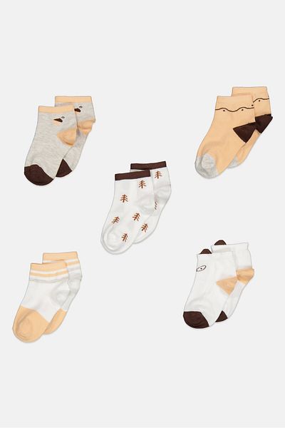 Bebe Kids Girl 5 Pairs Graphic Printed Non Terry Ankle Socks, Multicolor