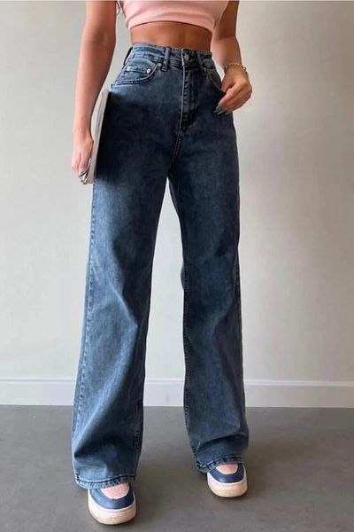 TRENDNATUREL Florence Dark Blue Snow Loose Extra High Waist Lycra Palazzo Loose Jean Trousers
