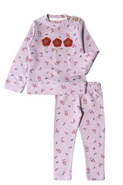 wakawakakidsstore Çiçek Aplikeli Omuzdan Düğmeli Kız Bebek Alt Üst Takım - Lila - 9-12 Ay