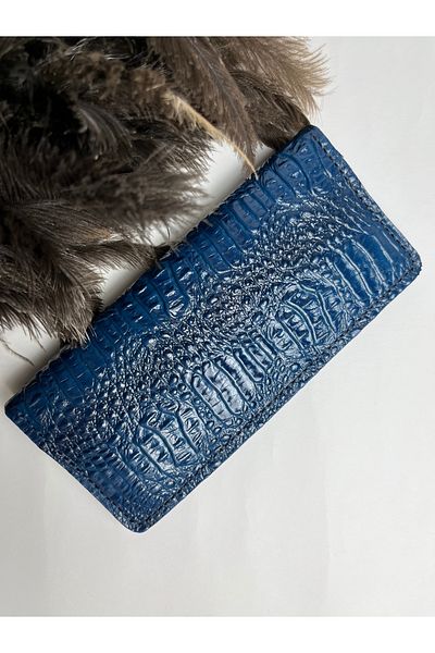 TROYDER Genuine Leather Long Phone Wallet Navy Blue Crocodile Pattern