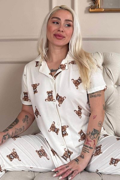 Pijamaevi Beige Teddy Patterned Bamboo Front Buttoned Short Sleeve Pajama Set