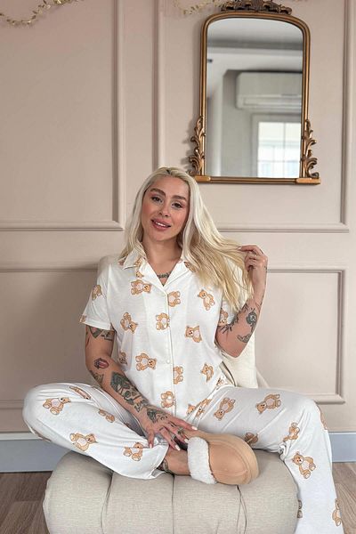 Pijamaevi Doux Bear Print Bamboo Front Button Short Sleeve Pajama Set