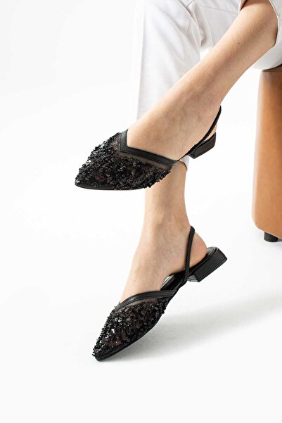 CICIKIZ Lace Embroidered Sequin Low Heel Jurdan Bottom Back Rubber Detail Pointed Toe Shoes