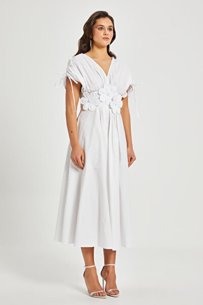 SERPİL Kadın Bel Detaylı Kısa Kollu Elbise – Çiçek Aplikeli, Büzgü ve Bağcık ...