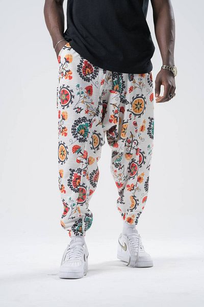 SUPERBLUE Unisex Figured Patterned Summer Wrapped Elastic Leg Baggy Trousers