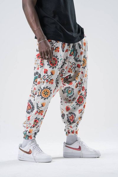 SUPERBLUE Unisex Figured Patterned Summer Wrapped Elastic Leg Baggy Trousers