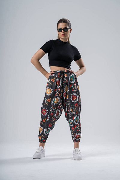 SUPERBLUE Unisex Figured Patterned Summer Wrapped Elastic Leg Baggy Trousers