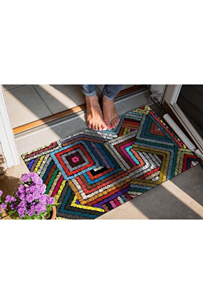 Evsebu Rengarenk Kare Desen Dekoratif Kapı Önü Paspası