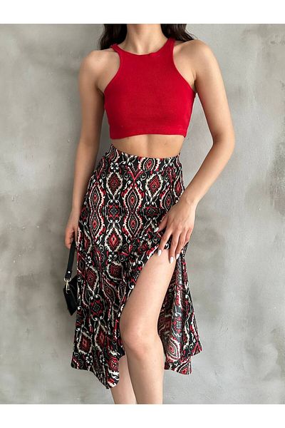 REELMODA Women's Red Patterned Slit Stretchy Stylish Summer Skirt